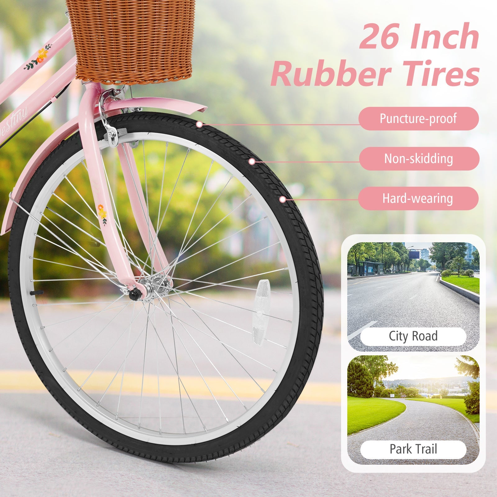 26-inch DirectDeals women's pink beach cruiser bike with wicker front basket and rear rack on Tampa Home & Garden Store