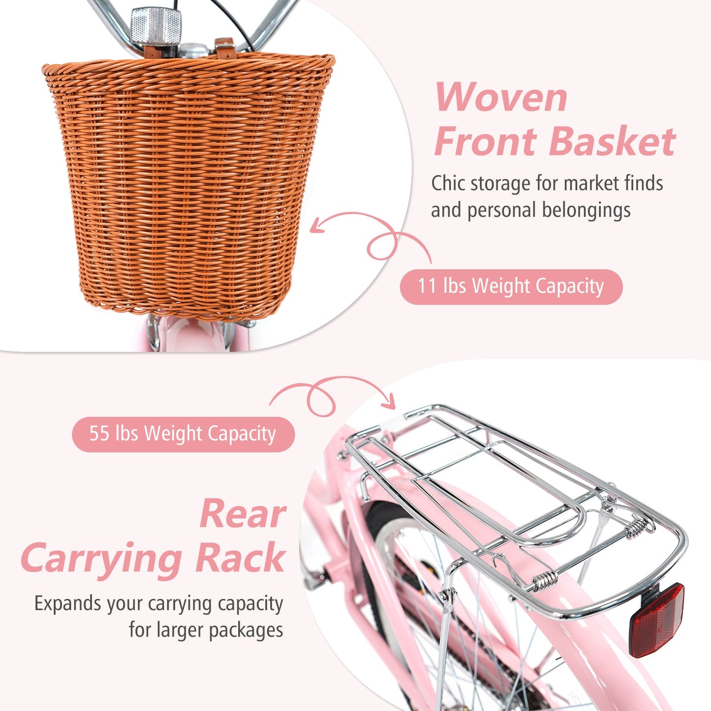 Women’s 26in beach cruiser bike in pink with woven front basket and rear rack DirectDeals on Tampa Home & Garden Store