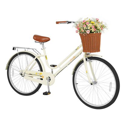 Beach cruiser DirectDeals cream frame with brown saddle and wicker flower basket, rear rack on Tampa Home & Garden Store