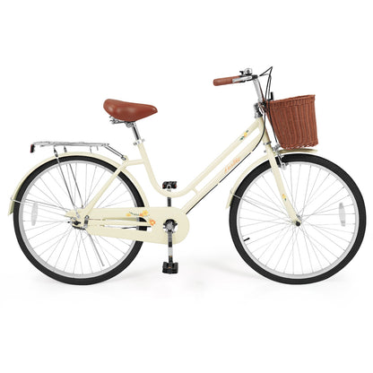 24/26 Inch Beach Cruiser Bike with Basket and Rear Rack cream frame, front wicker basket, brown saddle DirectDeals on Tampa Home & Garden Store