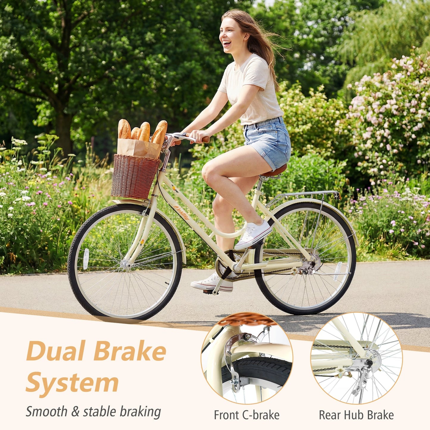 DirectDeals 24/26 inch beach cruiser bike with front basket and rear rack in cream on Tampa Home & Garden Store