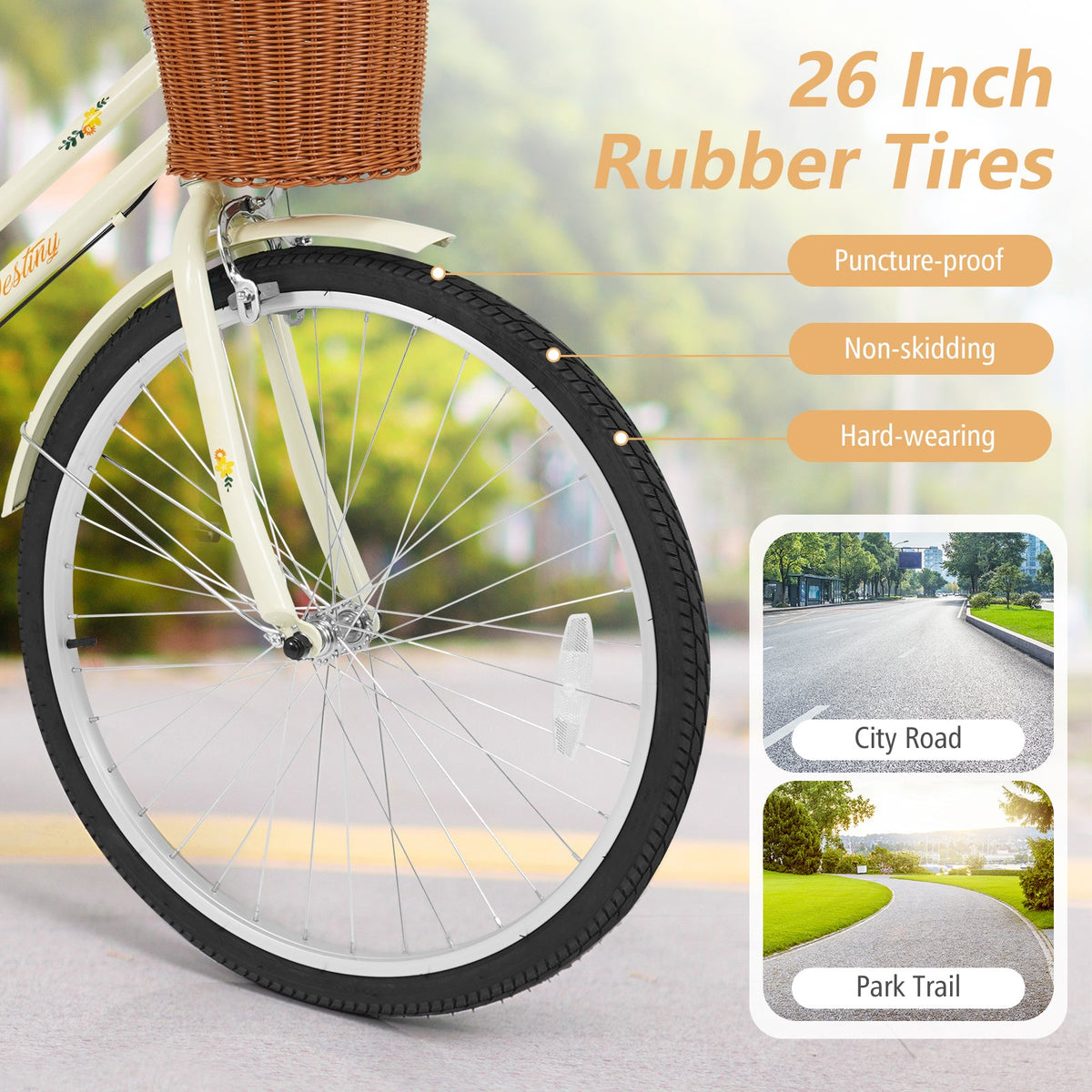 DirectDeals Beach Cruiser Bike 24/26 Inch with Basket and Rear Rack cream frame on Tampa Home & Garden Store