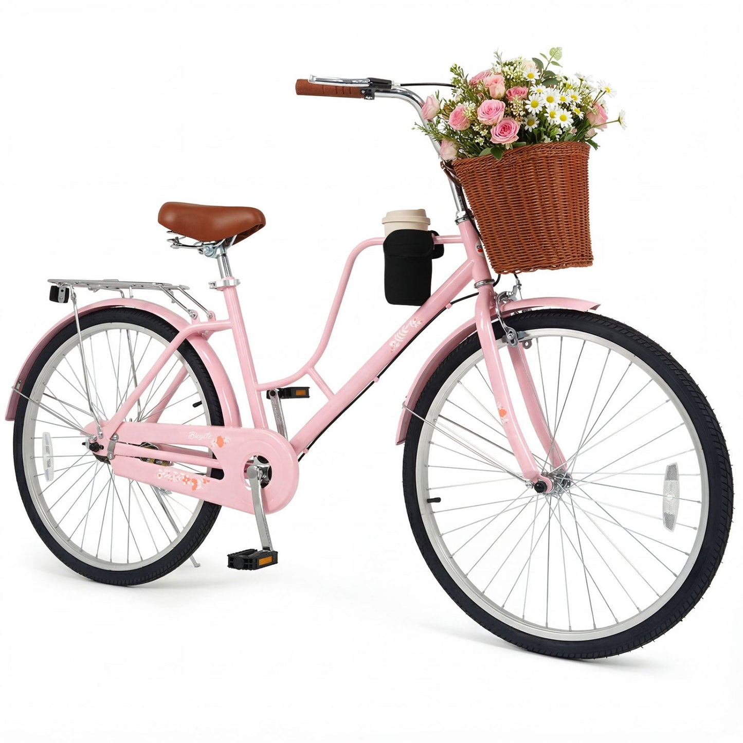 26-Inch Pink Beach Cruiser Bike with wicker front basket and cup holder DirectDeals on Tampa Home & Garden Store