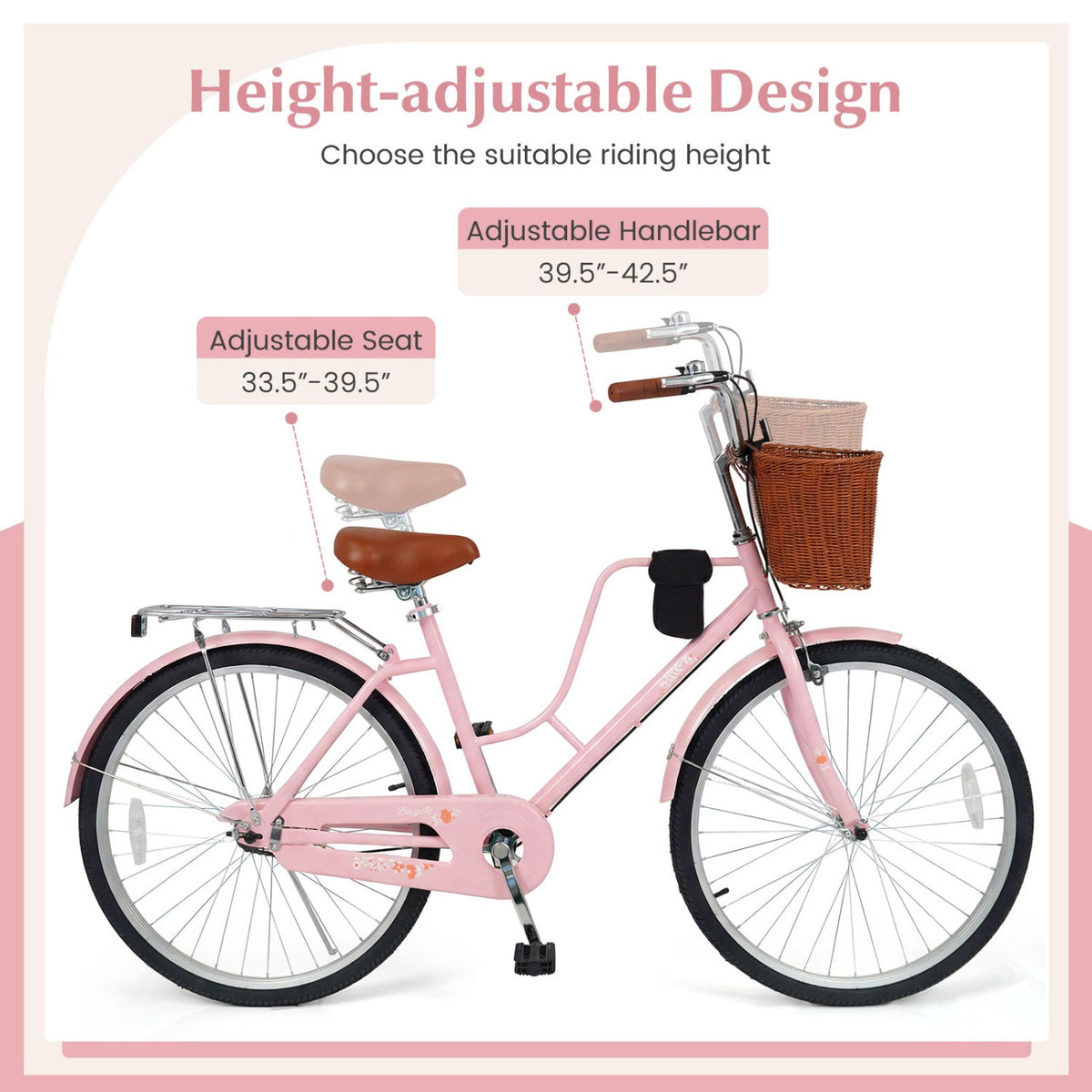 26-inch pink beach cruiser bike with wicker basket and cup holder on Tampa Home & Garden Store