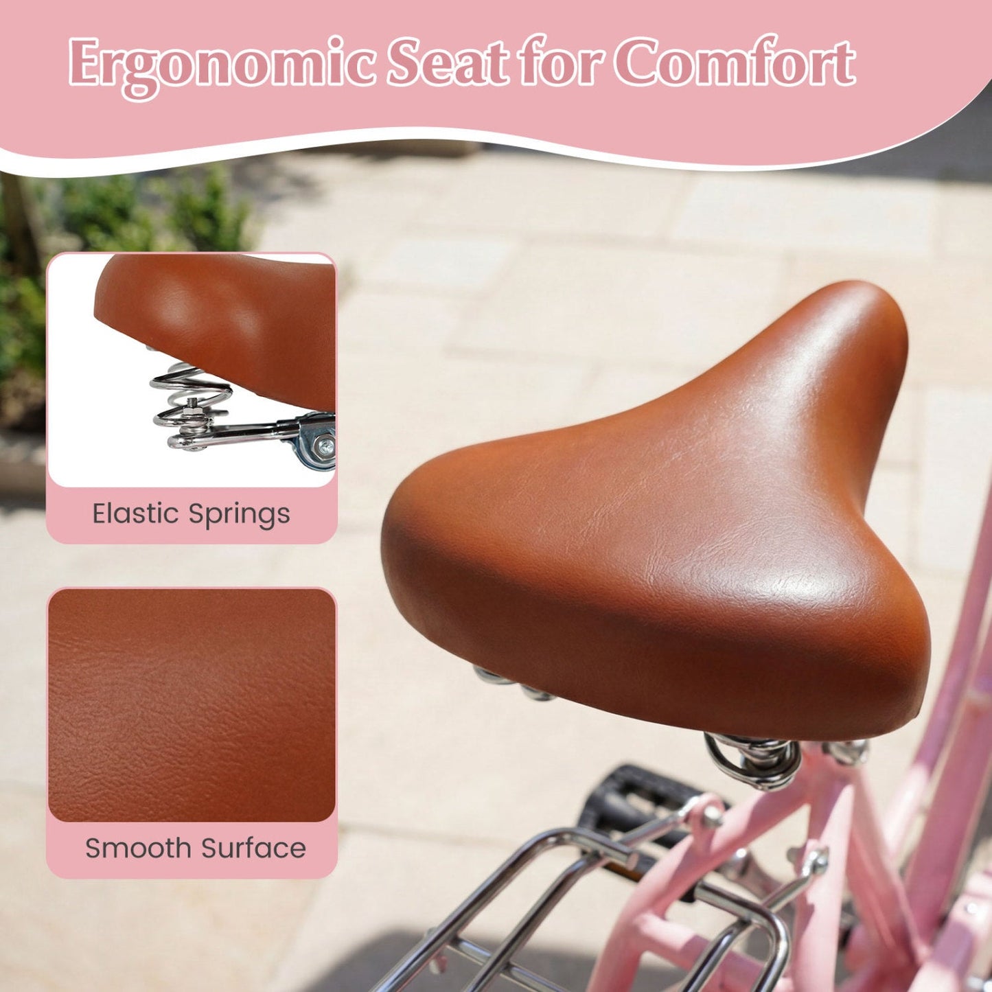DirectDeals cruiser bike saddle in brown leather with elastic springs on pink 26-Inch Beach Cruiser Bike on Tampa Home & Garden Store