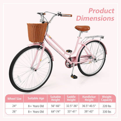 26-inch pink DirectDeals women's beach cruiser bike with wicker front basket and rear rack on Tampa Home & Garden Store