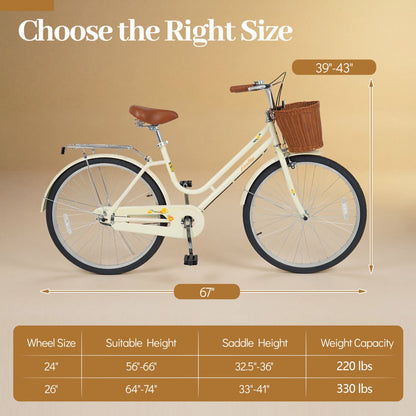 Beach cruiser bike 24/26-inch with front basket and rear rack in cream DirectDeals on Tampa Home & Garden Store