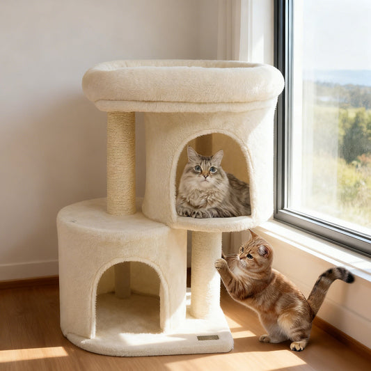 26 Inch Cat Tower with Large Padded Push Perch and Dual Condos - Tampa Home & Garden Store