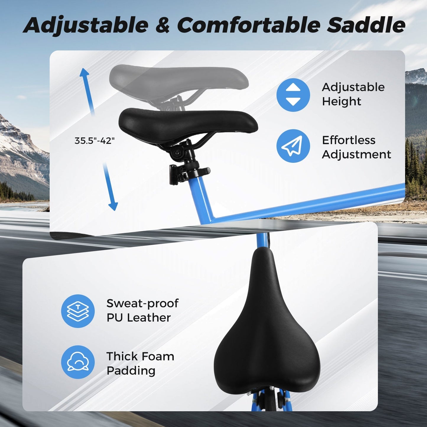 GemGear adjustable bicycle saddle on blue seat post with height arrows on Tampa Home & Garden Store