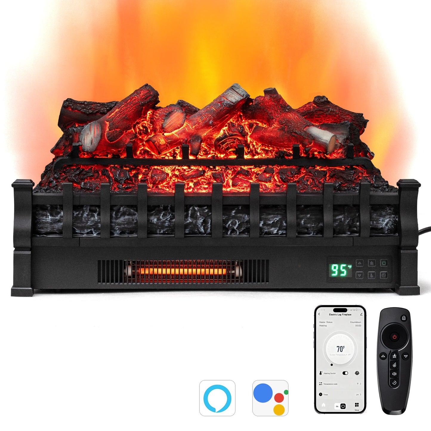 26 Inch WiFi Infrared Quartz Electric Fireplace Insert Logs Heater with Realistic Lemonwood Logs-Black