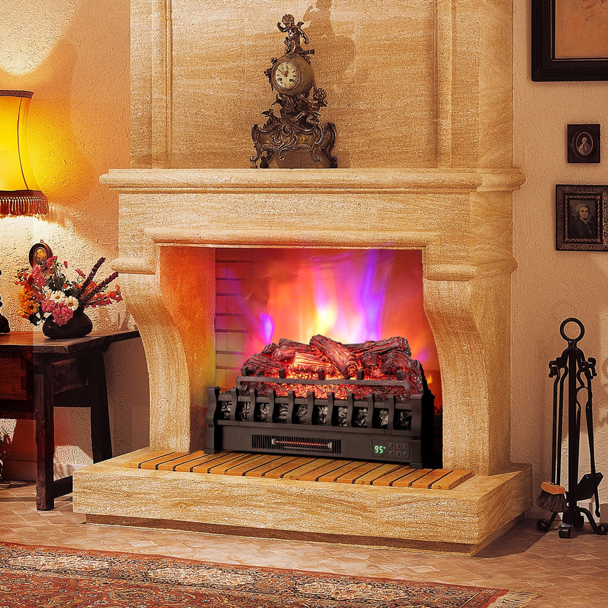 26-Inch infrared quartz electric fireplace with pinewood ember bed in stone mantel on Tampa Home & Garden Store