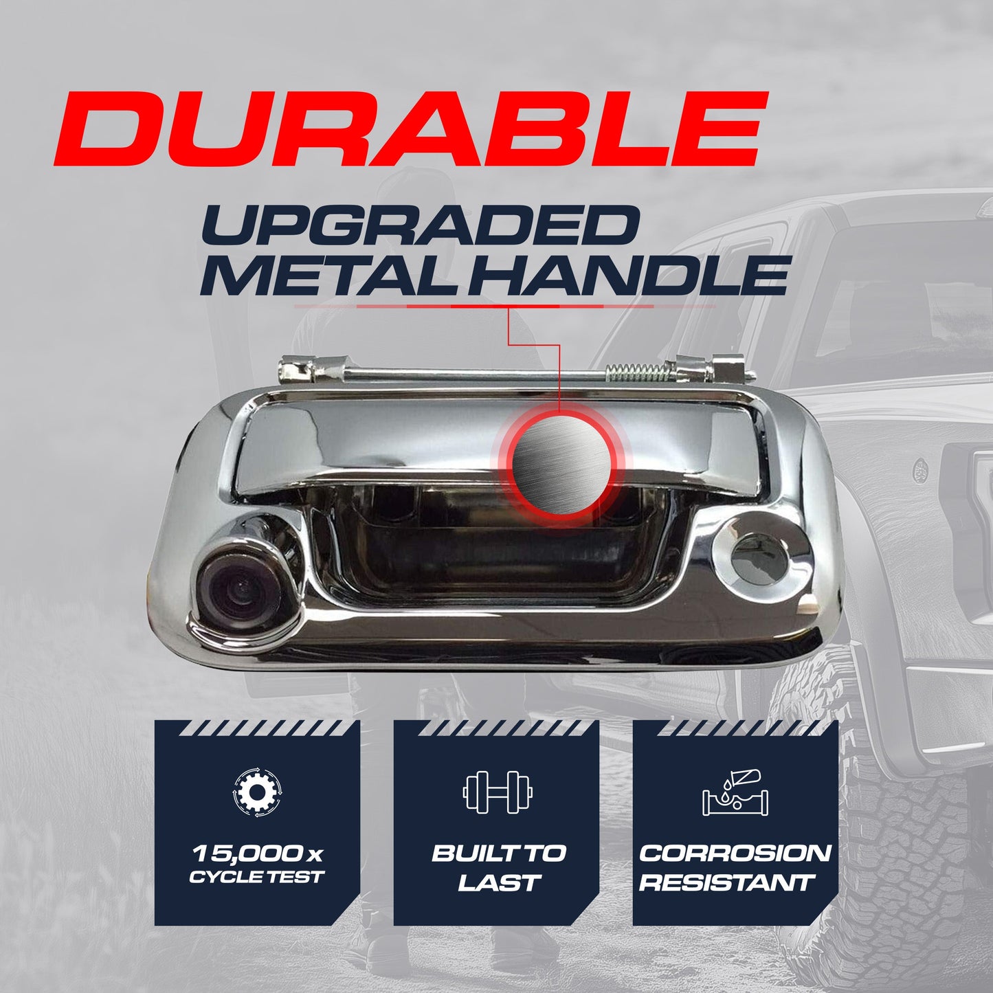 Chrome tailgate handle with backup camera by Master Tailgaters for Ford F-Series 2005-2016 on Tampa Home & Garden Store