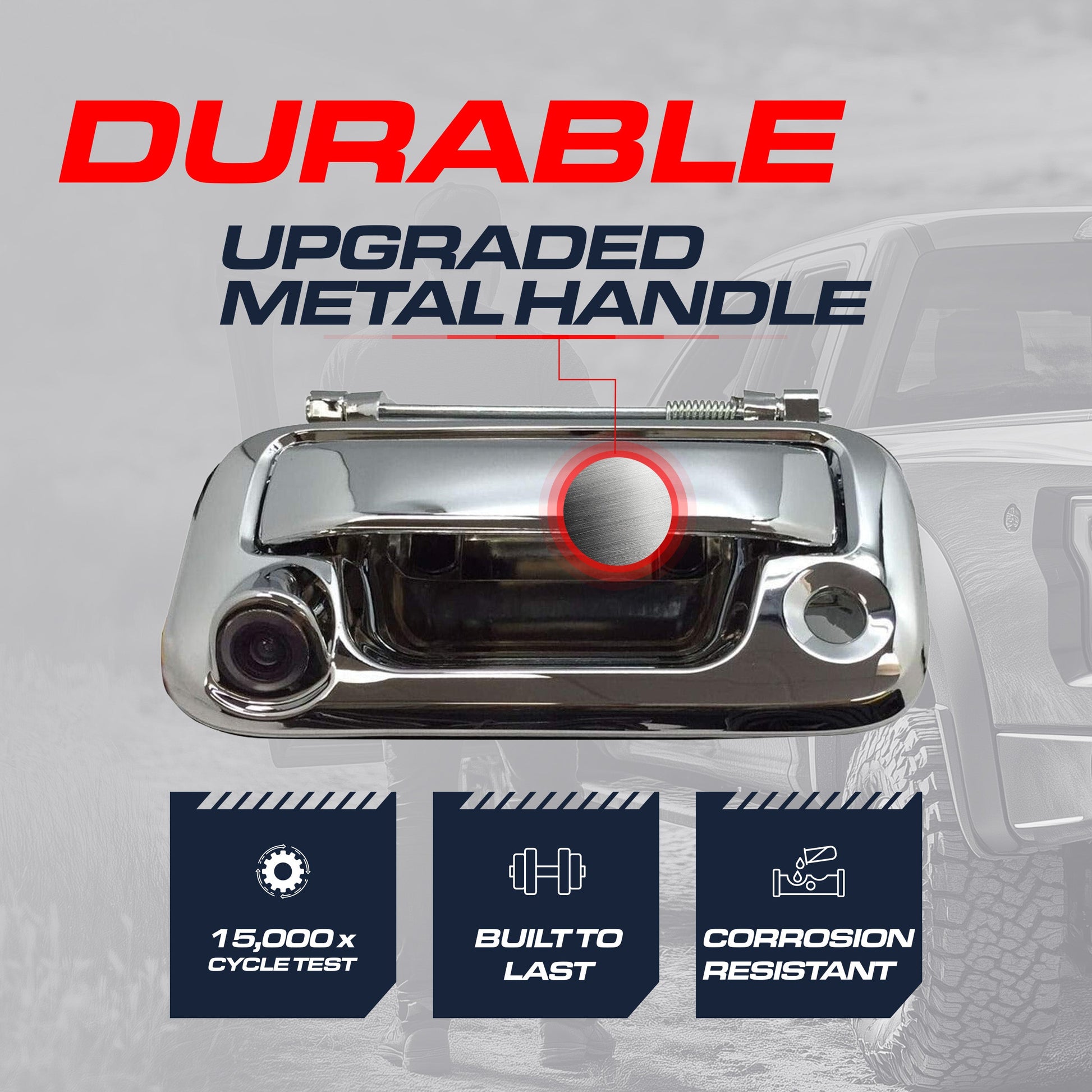 Chrome tailgate handle with backup camera by Master Tailgaters for Ford F-Series 2005-2016 on Tampa Home & Garden Store
