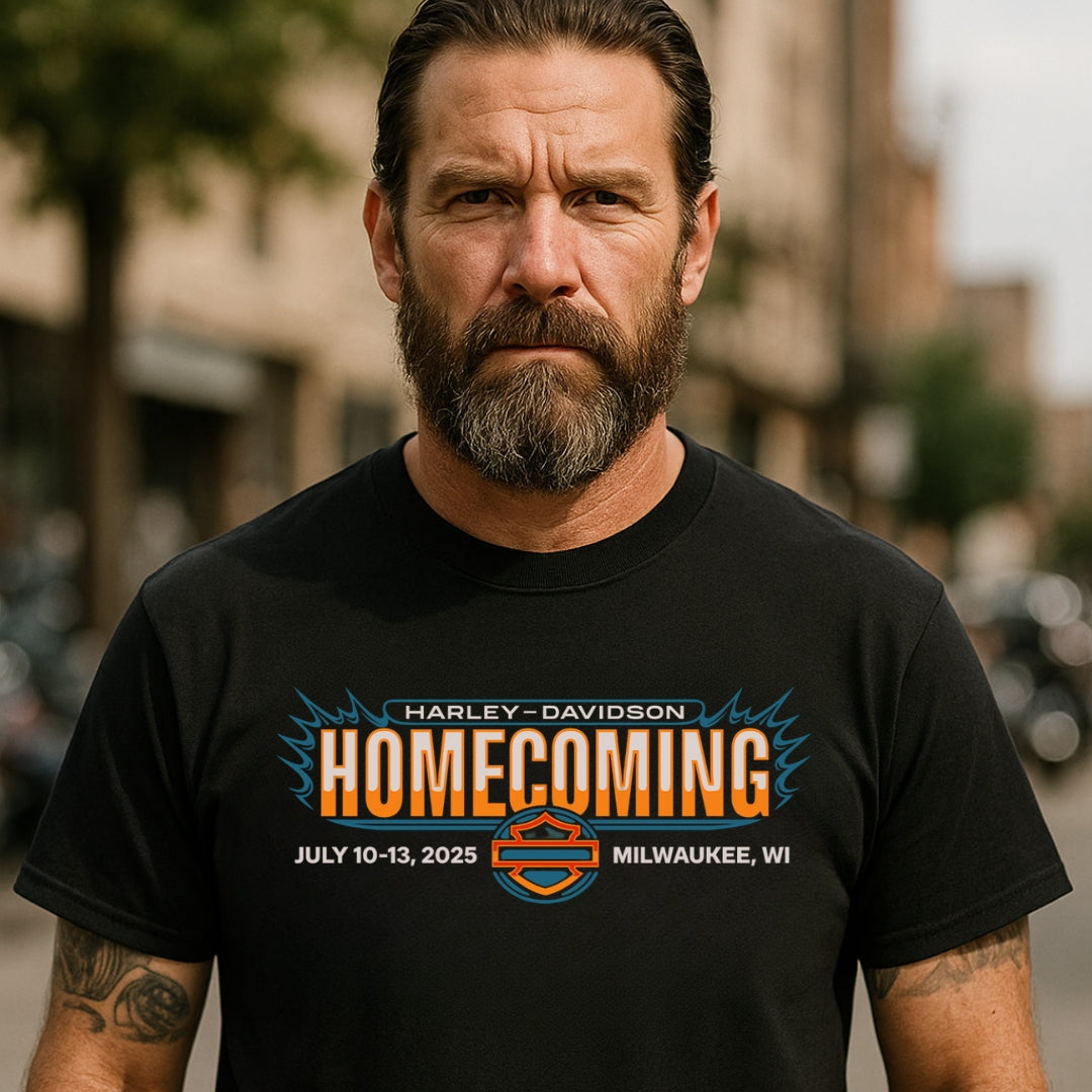 Homecoming Biker Festival T-shirt by BikerZoneZ, black tee with Harley-Davidson logo on Tampa Home & Garden Store