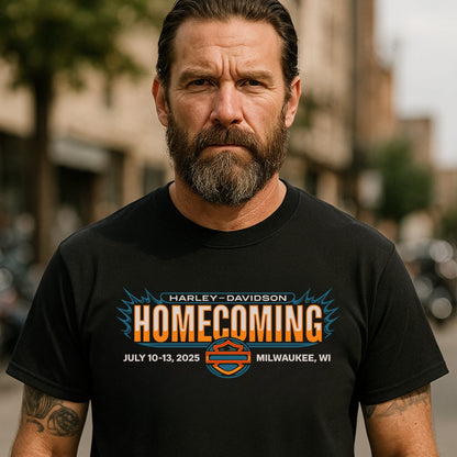 Homecoming Biker Festival T-shirt by BikerZoneZ, black tee with Harley-Davidson logo on Tampa Home & Garden Store