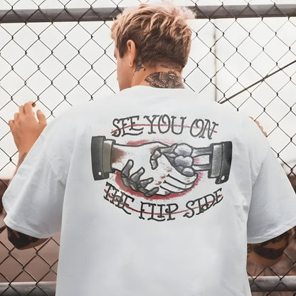 Graphic cotton T-shirt by BikerZoneZ; white with handshake graphic and biker text on Tampa Home & Garden Store