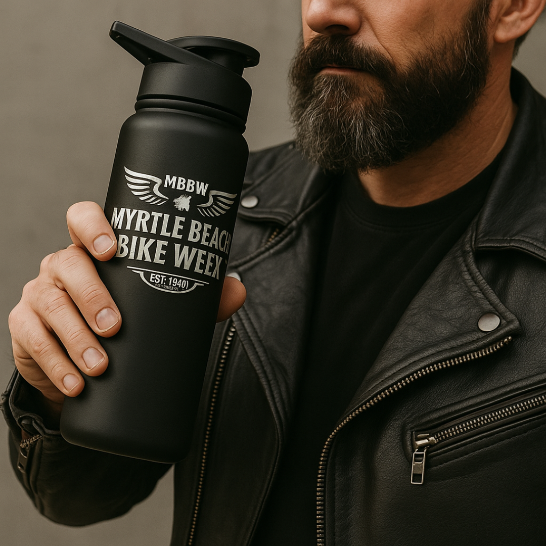 Fuel Up MBBW 2025 stainless steel water bottle, matte black, flip-top lid by BikerZoneZ on Tampa Home & Garden Store
