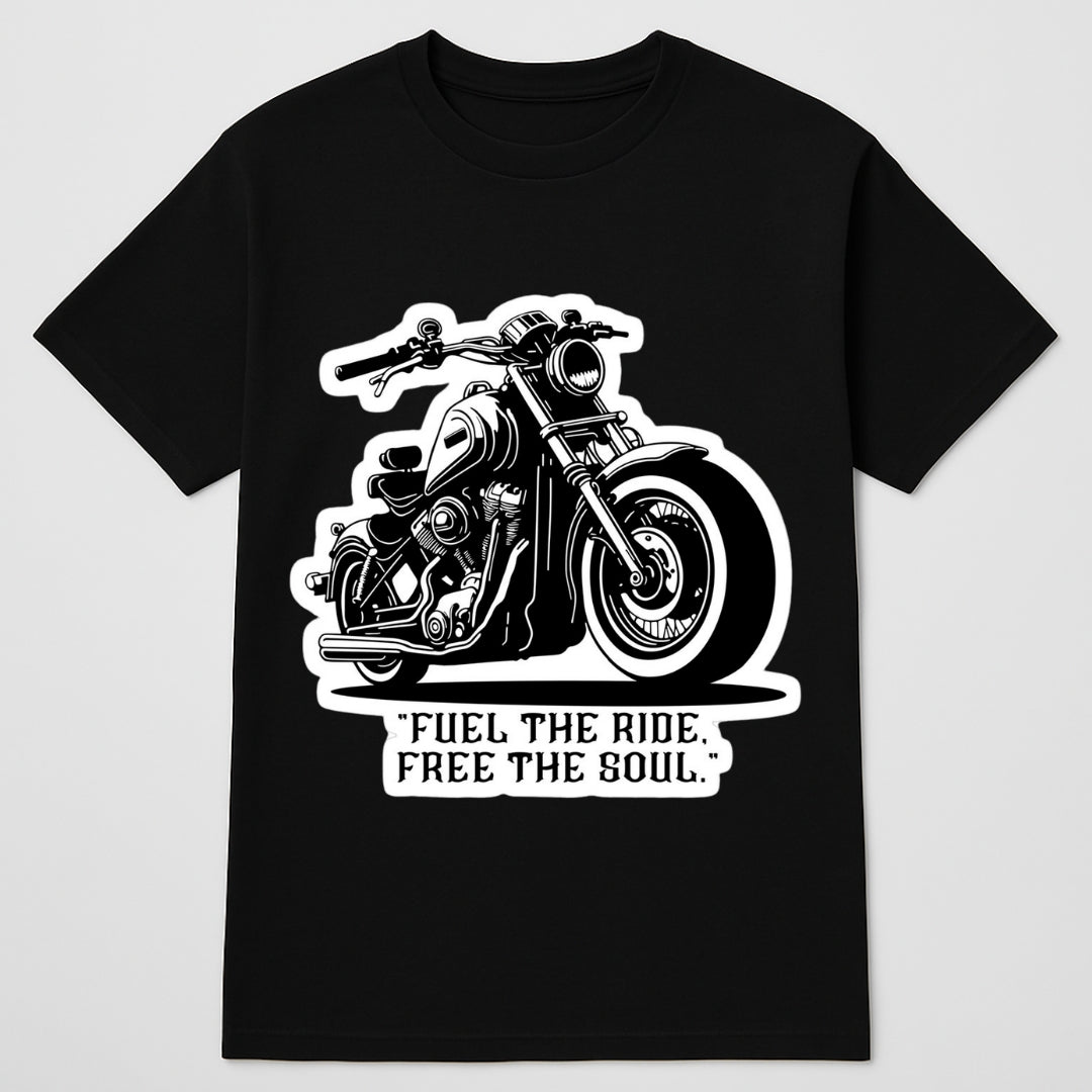 Biker T-shirt black with motorcycle graphic and Fuel the ride Free the soul text BikerZoneZ on Tampa Home & Garden Store