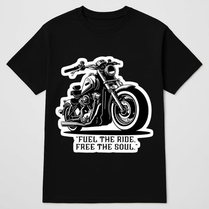 Biker T-shirt black with motorcycle graphic and Fuel the ride Free the soul text BikerZoneZ on Tampa Home & Garden Store