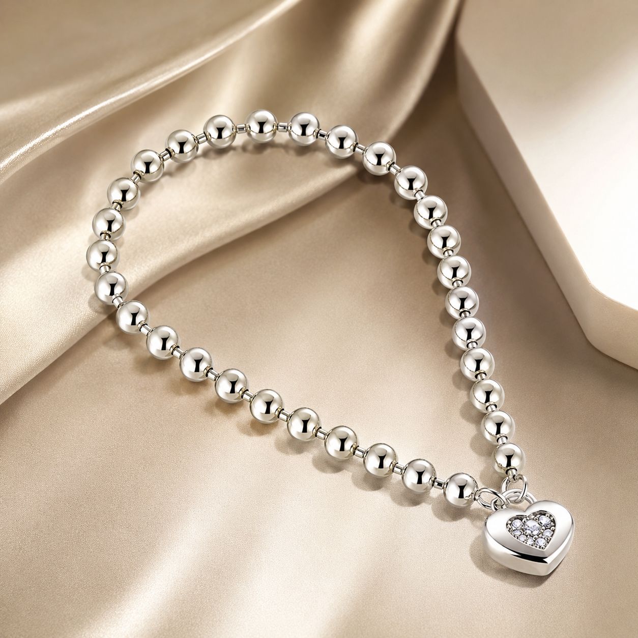 Sterling silver beaded bracelet with pavé CZ heart charm, platinum plated, 17cm on Tampa Home & Garden Store