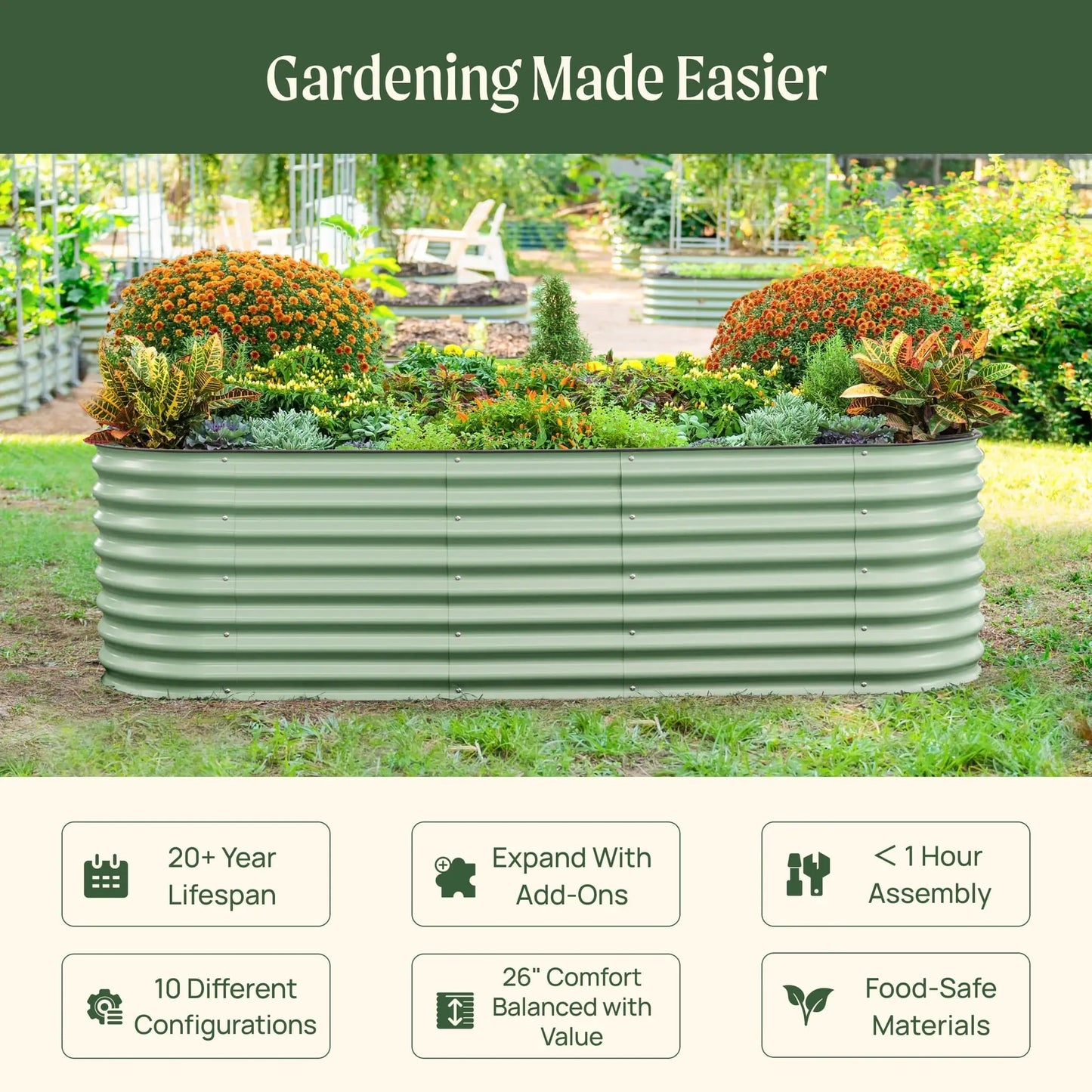 Vego Garden Tall 26in Raised Bed, 10-in-1 Modular Kit, green corrugated planter with flowers on Tampa Home & Garden Store