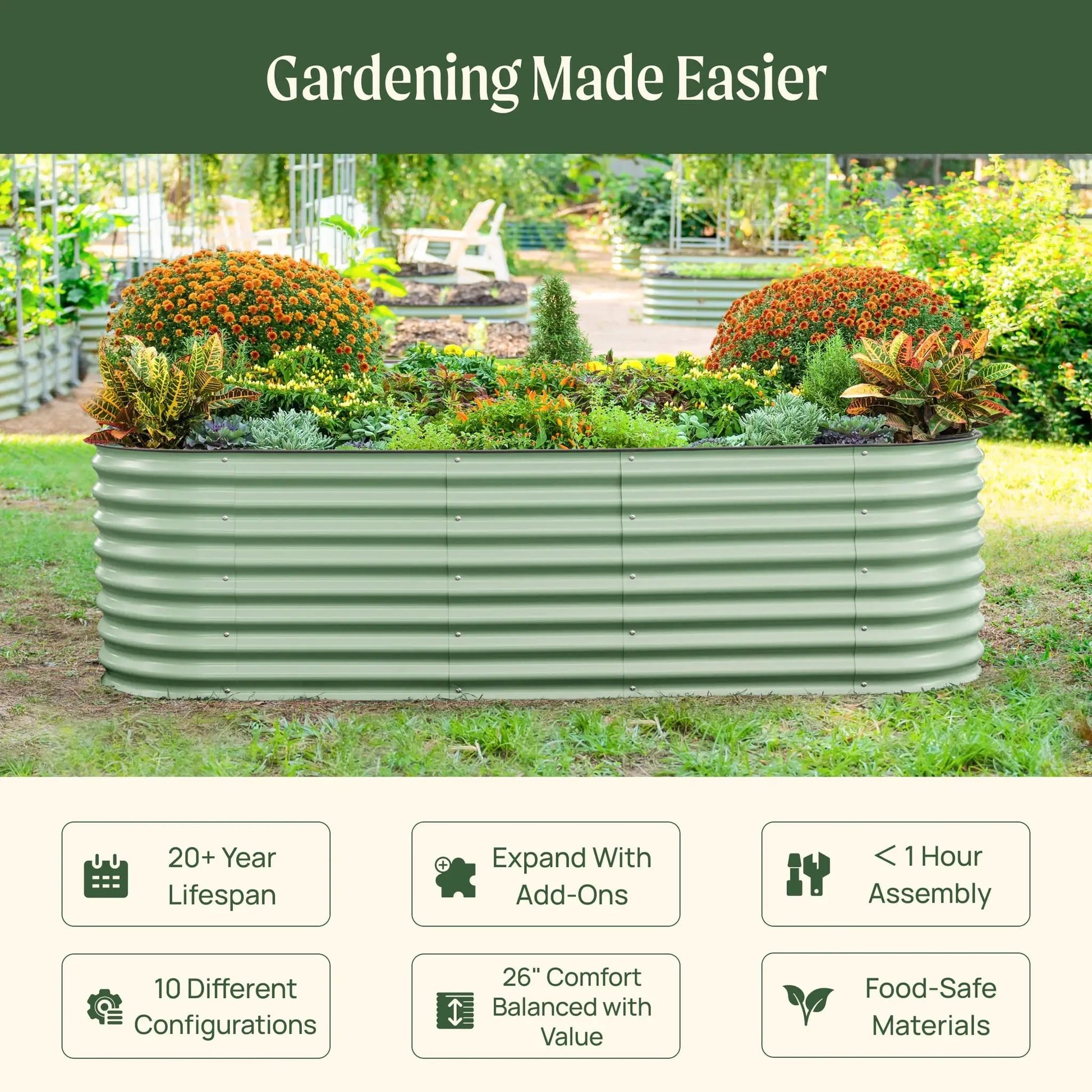 Vego Garden Tall 26in Raised Bed, 10-in-1 Modular Kit, green corrugated planter with flowers on Tampa Home & Garden Store