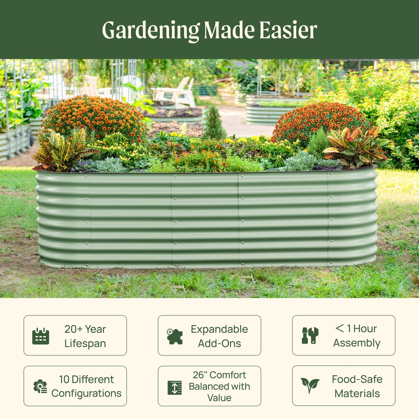 Ensemble de jardin surélevé modulaire géant en métal 10 en 1 de 26 po de hauteur