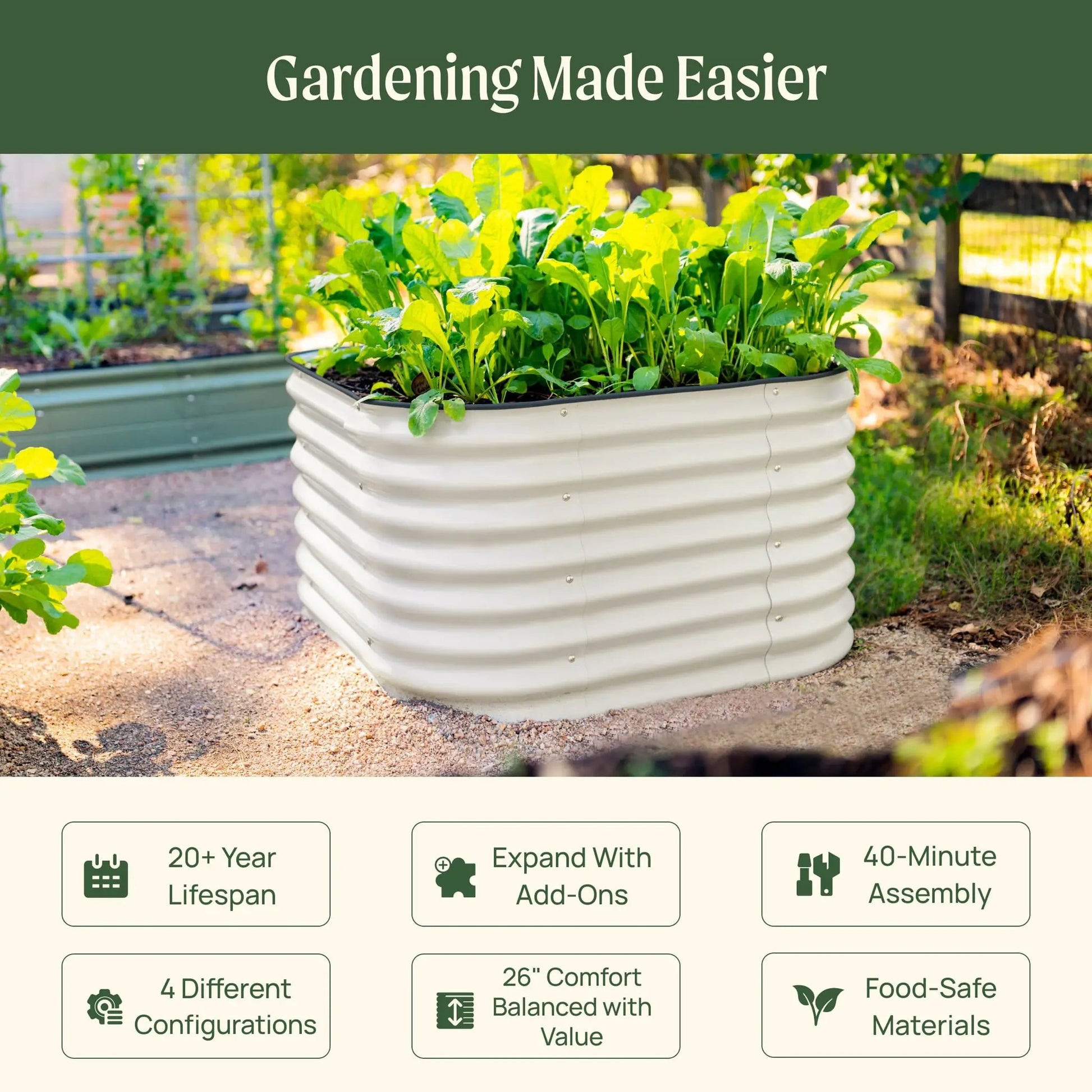 26 Inch Tall 4 In 1 Modular Metal Garden Bed Kit by Vego Garden with leafy greens on Tampa Home & Garden Store