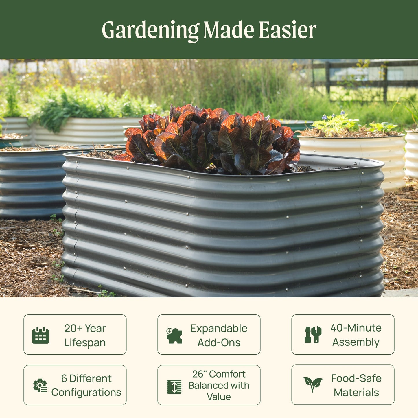 Ensemble de jardinière surélevée modulaire en métal de taille moyenne, 6 en 1, 26 po de hauteur