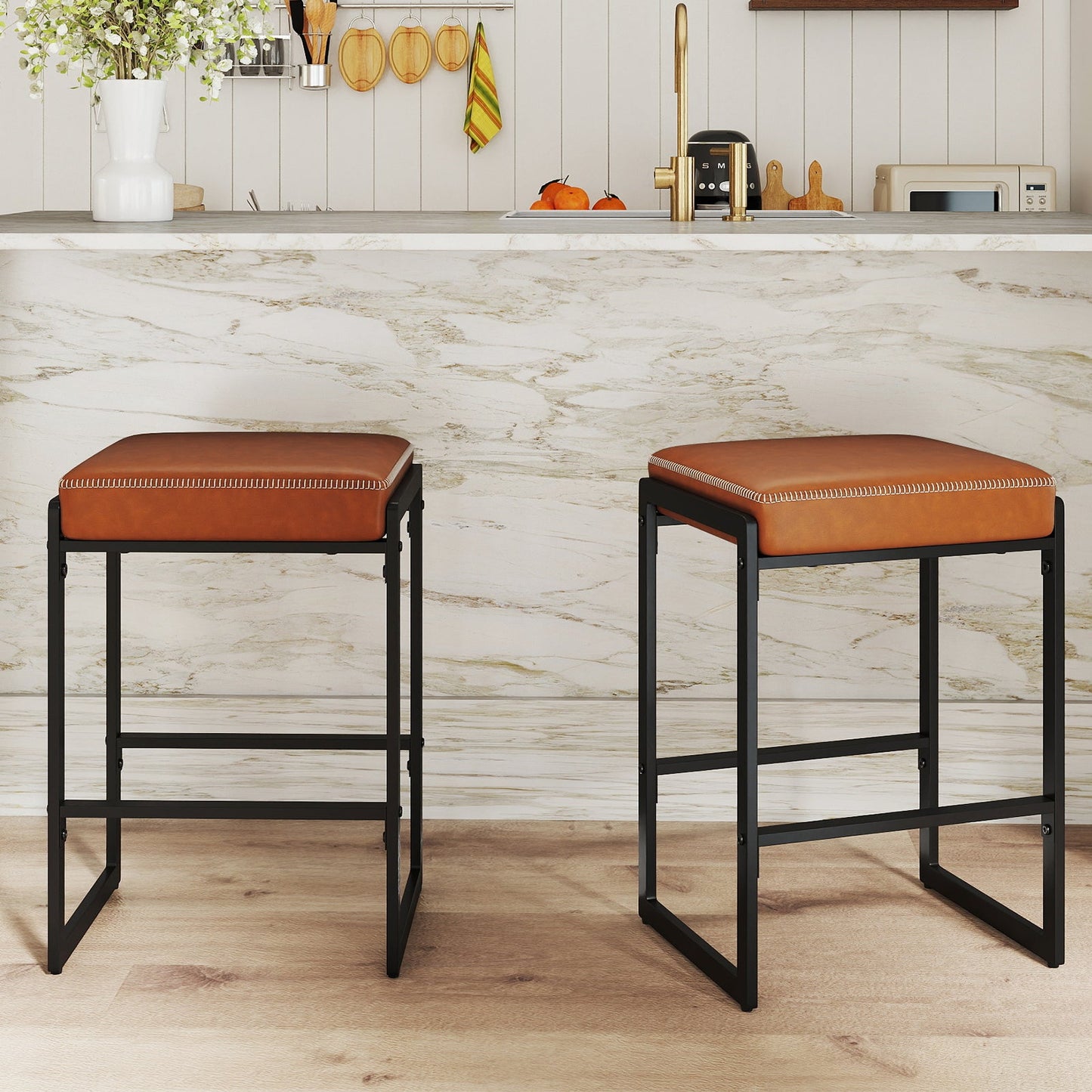 26 inch Bar Stools Set of 2 Counter Height Barstools with Faux Leather Upholstered Seat