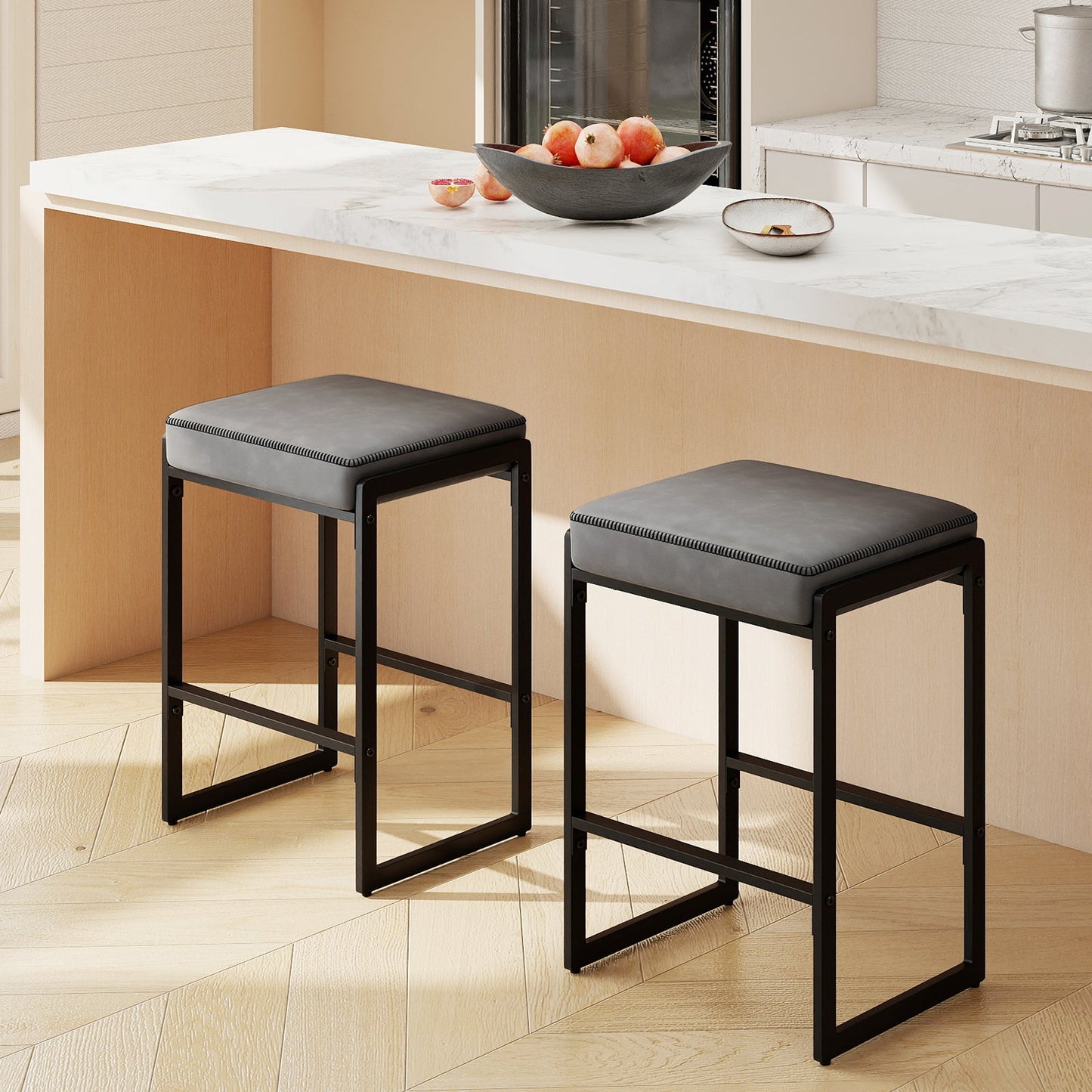26 inch Bar Stools Set of 2 Counter Height Barstools with Faux Leather Upholstered Seat