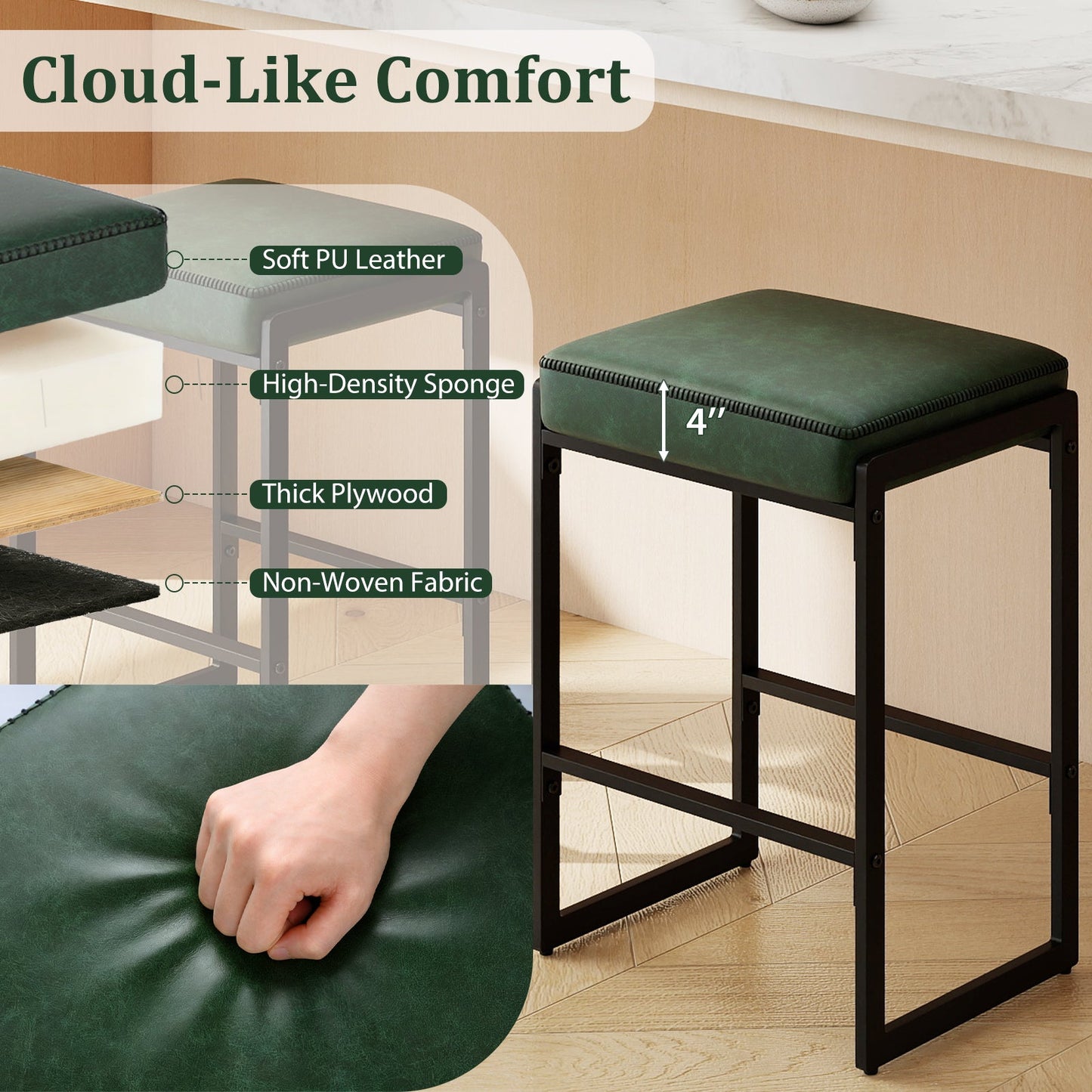 26 inch Bar Stools Set of 2 Counter Height Barstools with Faux Leather Upholstered Seat