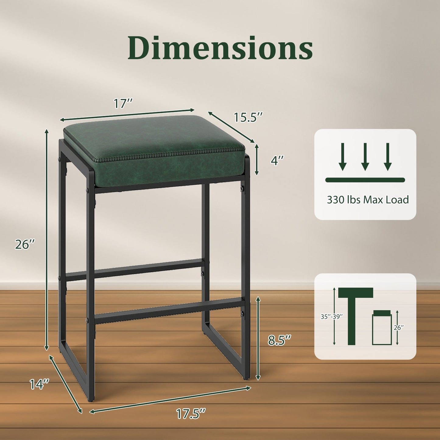 26 inch Bar Stools Set of 2 Counter Height Barstools with Faux Leather Upholstered Seat