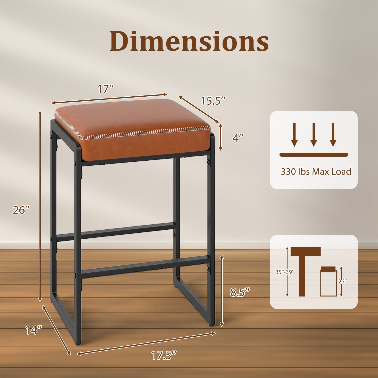 26 inch Bar Stools Set of 4 Counter Height Barstools with Faux Leather Upholstered Seat - Tampa Home & Garden Store
