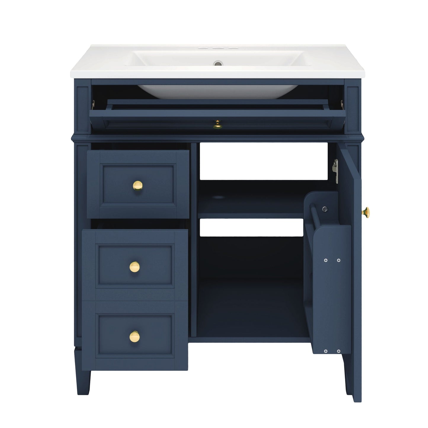 Bathroom vanity with white countertop sink in navy base, 2 doors and 4 drawers HouseOfZazla on Tampa Home & Garden Store