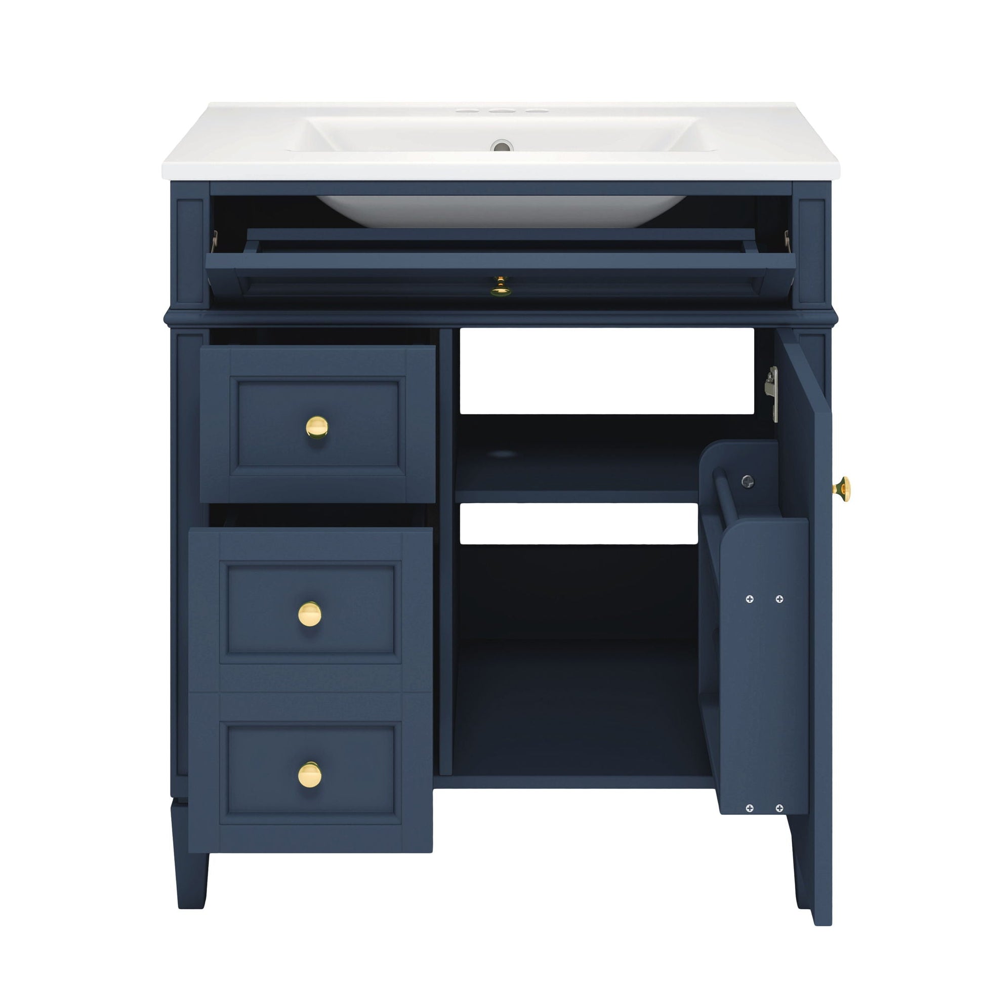 Bathroom vanity with white countertop sink in navy base, 2 doors and 4 drawers HouseOfZazla on Tampa Home & Garden Store
