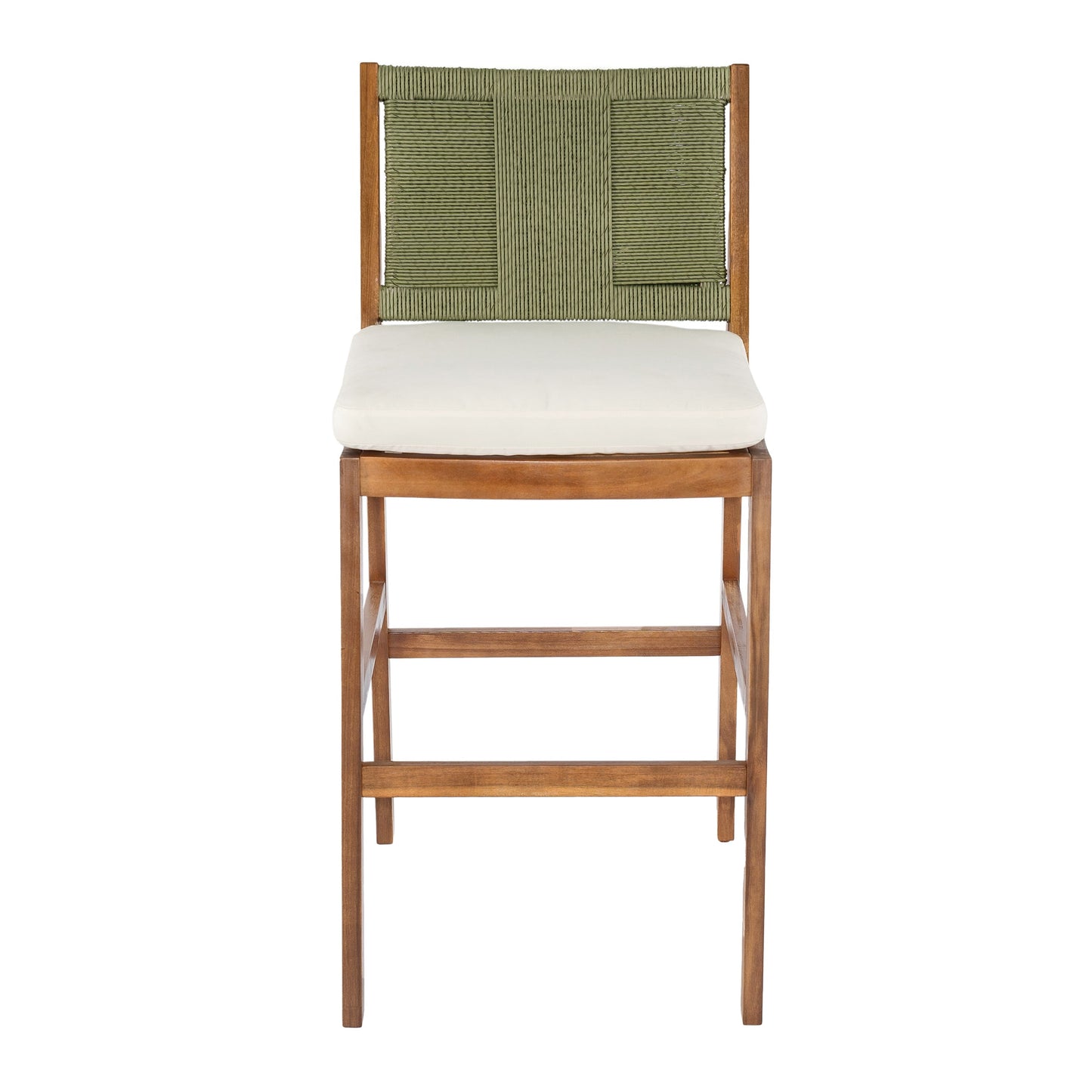 Arly Green Outdoor Bar Stool with olive woven back, white seat cushion, wooden frame on Tampa Home & Garden Store