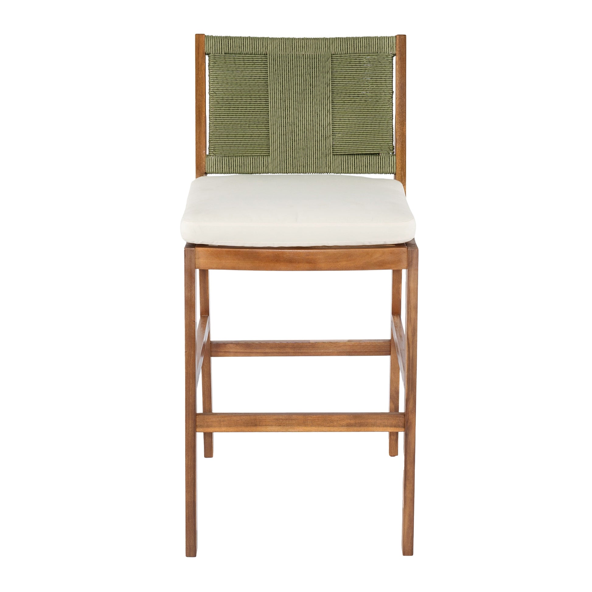Arly Green Outdoor Bar Stool with olive woven back, white seat cushion, wooden frame on Tampa Home & Garden Store