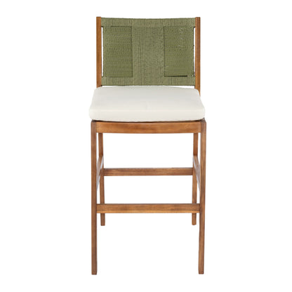 Arly Green Outdoor Bar Stool with olive woven back, white seat cushion, wooden frame on Tampa Home & Garden Store