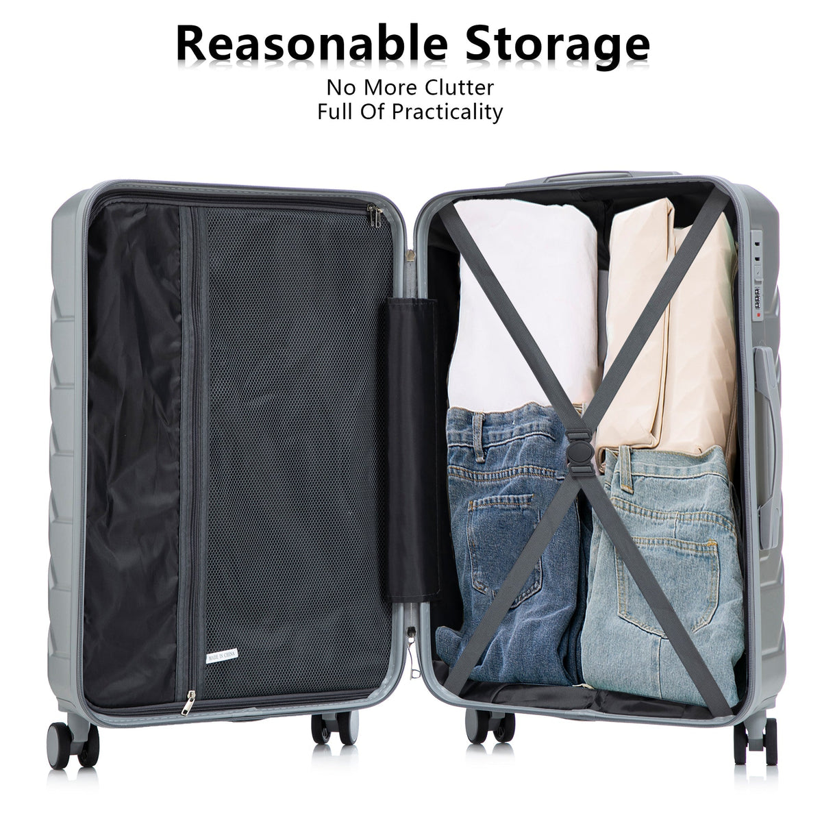 3-Piece ABS spinner luggage set gray with cross straps and interior mesh organizer on Tampa Home & Garden Store