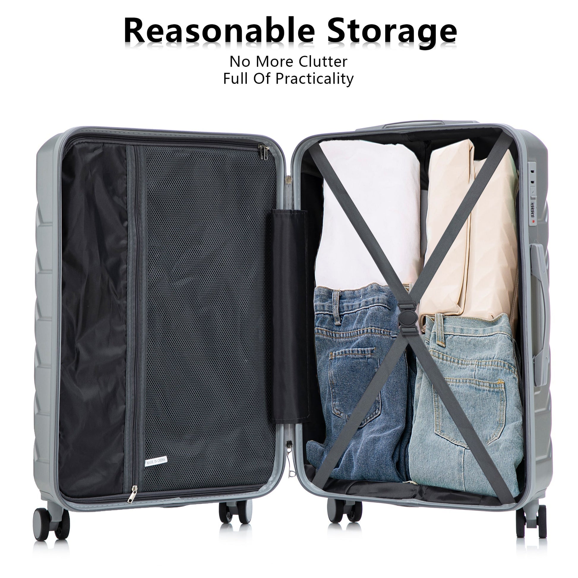 3-Piece ABS spinner luggage set gray with cross straps and interior mesh organizer on Tampa Home & Garden Store