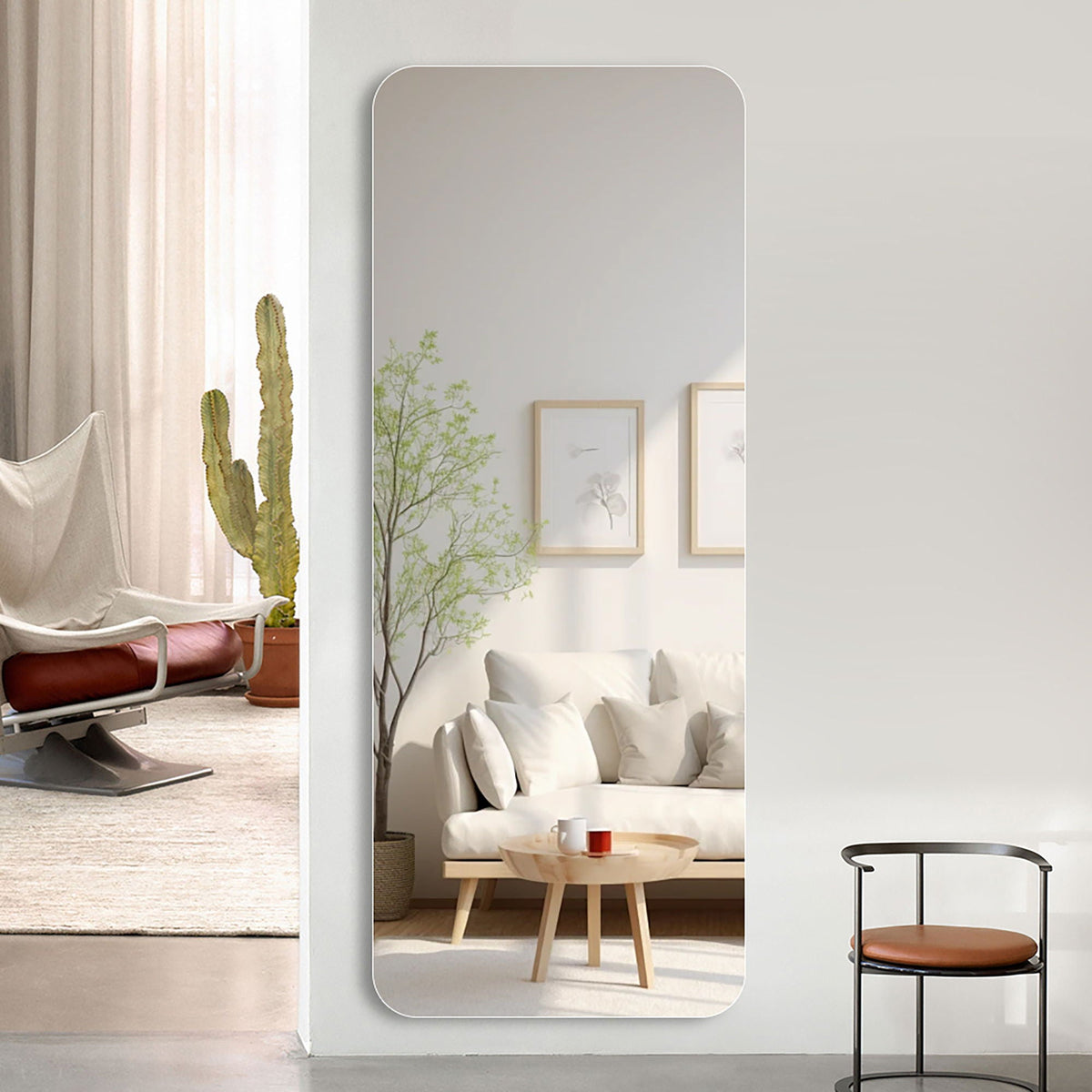 Full Body Round Corner Mirror silver-framed HouseOfZazla wall mirror reflecting a cozy living room on Tampa Home & Garden Store