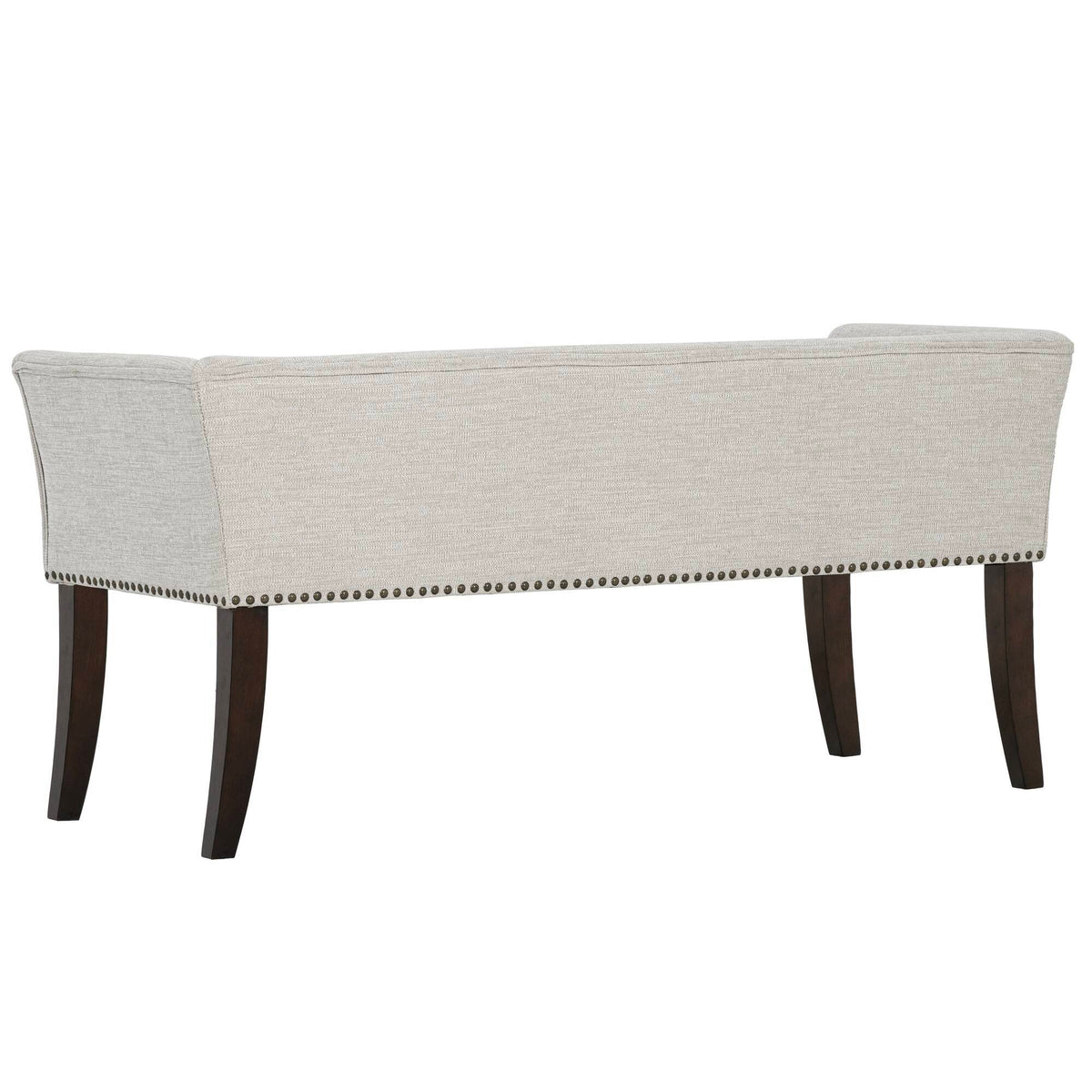 Welburn Upholstered Bench beige fabric with low back and flared arms, dark wood legs on Tampa Home & Garden Store