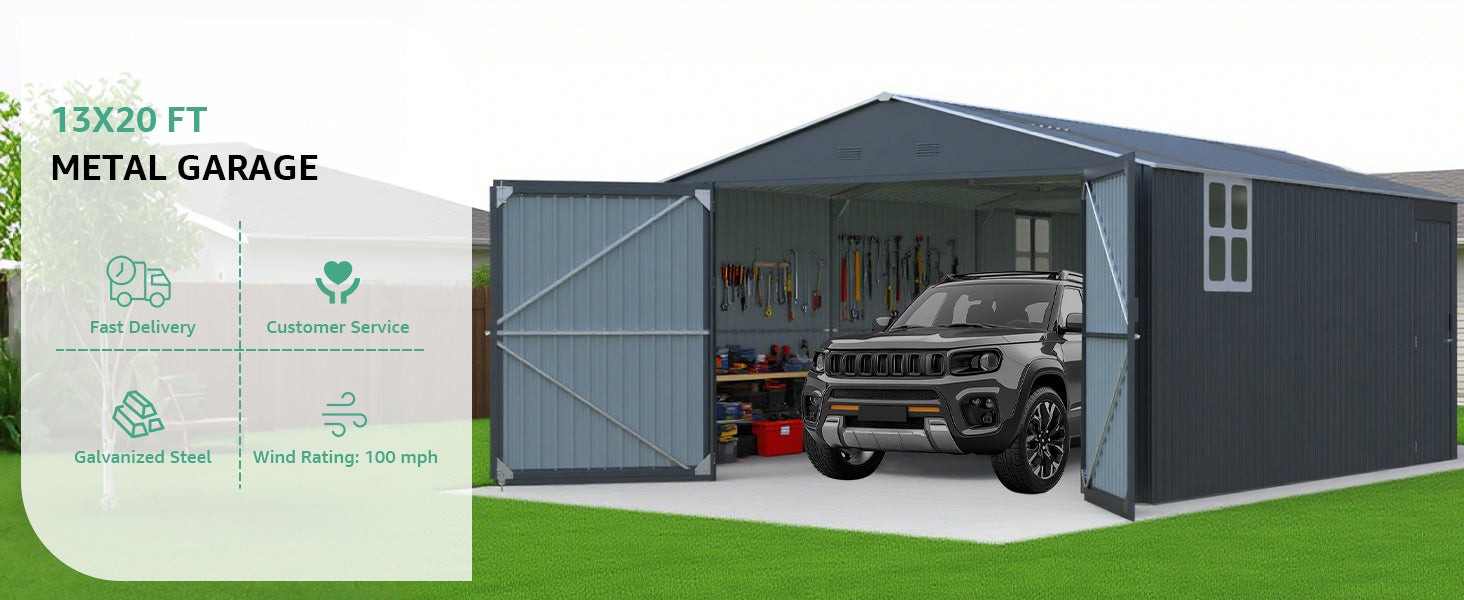 Upgraded 13x20FT outdoor metal garage shed in dark blue with open double doors and a car inside on Tampa Home & Garden Store