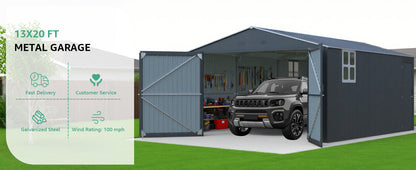 Upgraded 13x20FT outdoor metal garage shed in dark blue with open double doors and a car inside on Tampa Home & Garden Store