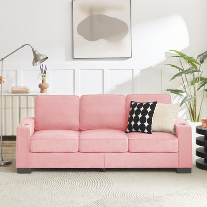 Modern Snowfleece Fabric 3 Seater Sofa With Cup Holder in pink fabric, living room scene on Tampa Home & Garden Store