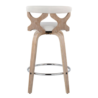 Mid Century Modern swivel counter stool with light wood frame and tan upholstery on Tampa Home & Garden Store