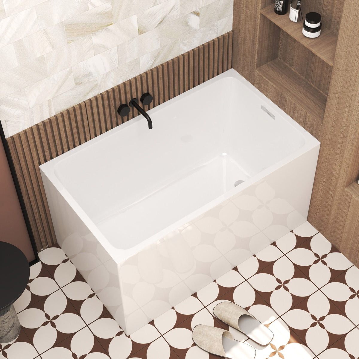 Modern glossy white freestanding acrylic bathtub by HouseOfZazla with black matte faucet on Tampa Home & Garden Store