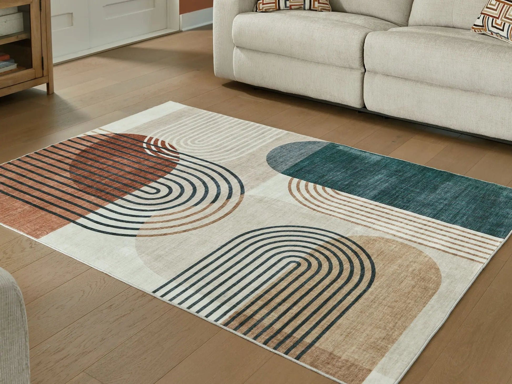 Farrendale washable rug in beige with teal and orange arc pattern Unique Piece Furniture on Tampa Home & Garden Store