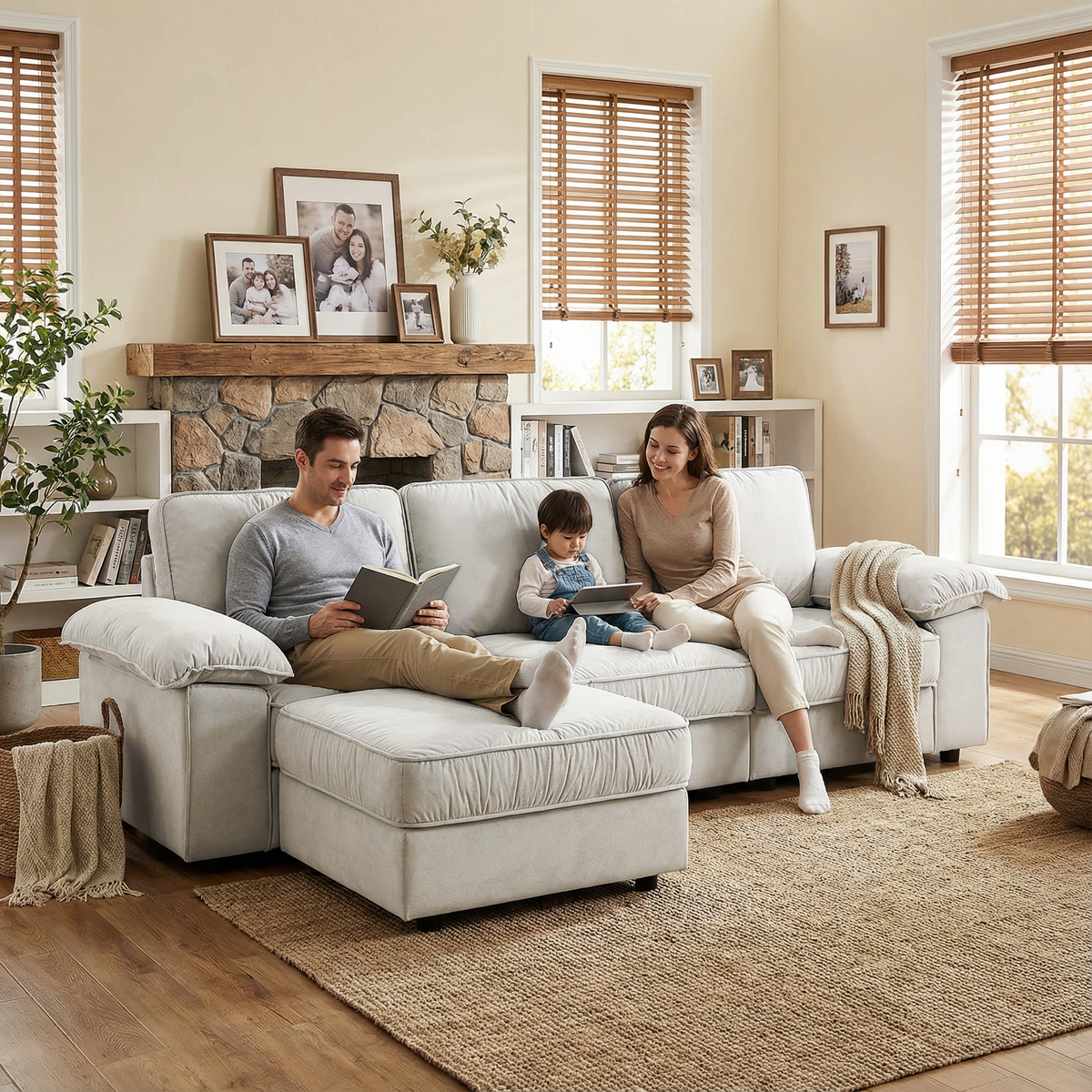 Modern L-shaped sectional sofa with ottoman in light gray fabric by HouseOfZazla, 105.5 Inch on Tampa Home & Garden Store